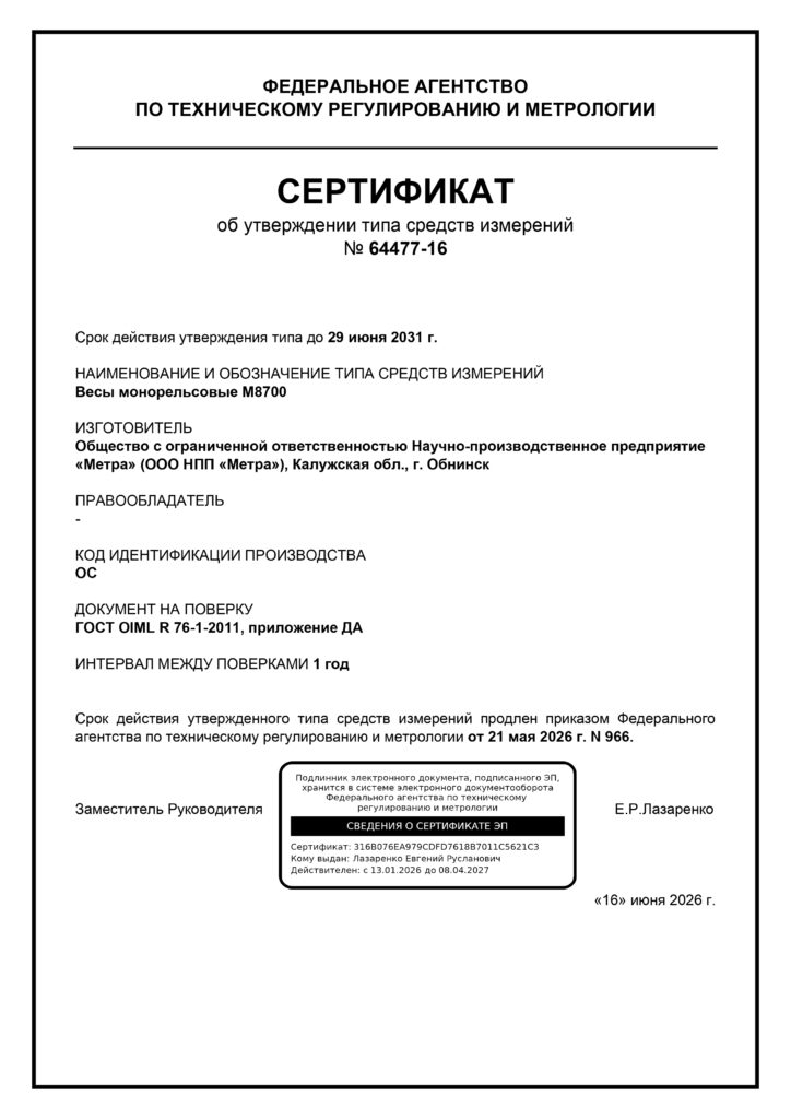 Сертификат об утверждении типа средств измерений №64477-16 Сертификат об утверждении типа средств измерений №64477-16